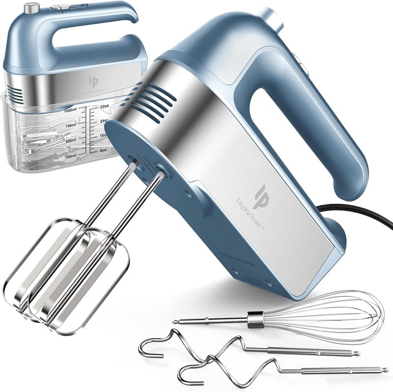 LILPARTNER Hand Mixer Electric, 450W Kitchen Mixers with Scale Cup Storage Case, Turbo Boost/Self-Control Speed + 5 Speed + Eject Button + 5 Stainless Steel Accessories, For Easy Whipping Dough, Cream, Blue - Image 1